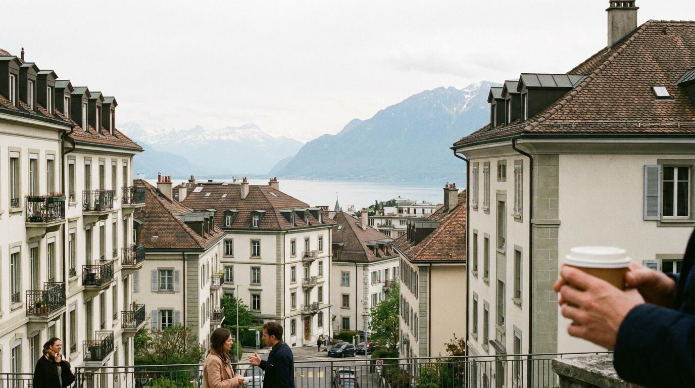 Vue panoramique quartier résidentiel Genève avec immeubles de standing et lac Léman