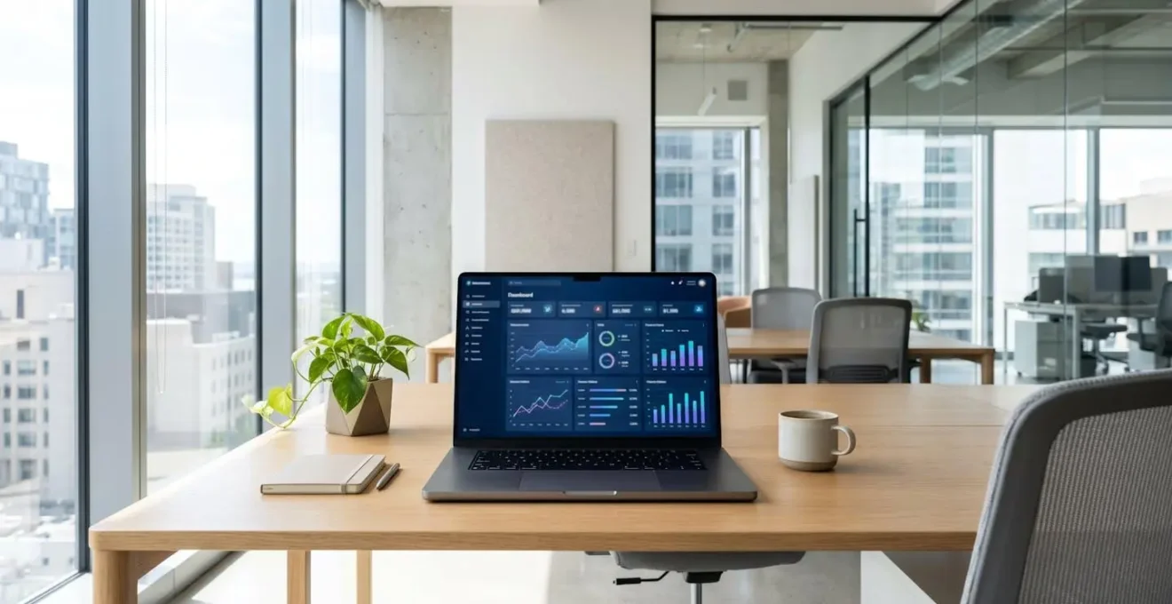 Bureau contemporain minimaliste avec ordinateur portable affichant une interface de simulation financière aux chiffres floutés, éclairé par une large fenêtre latérale