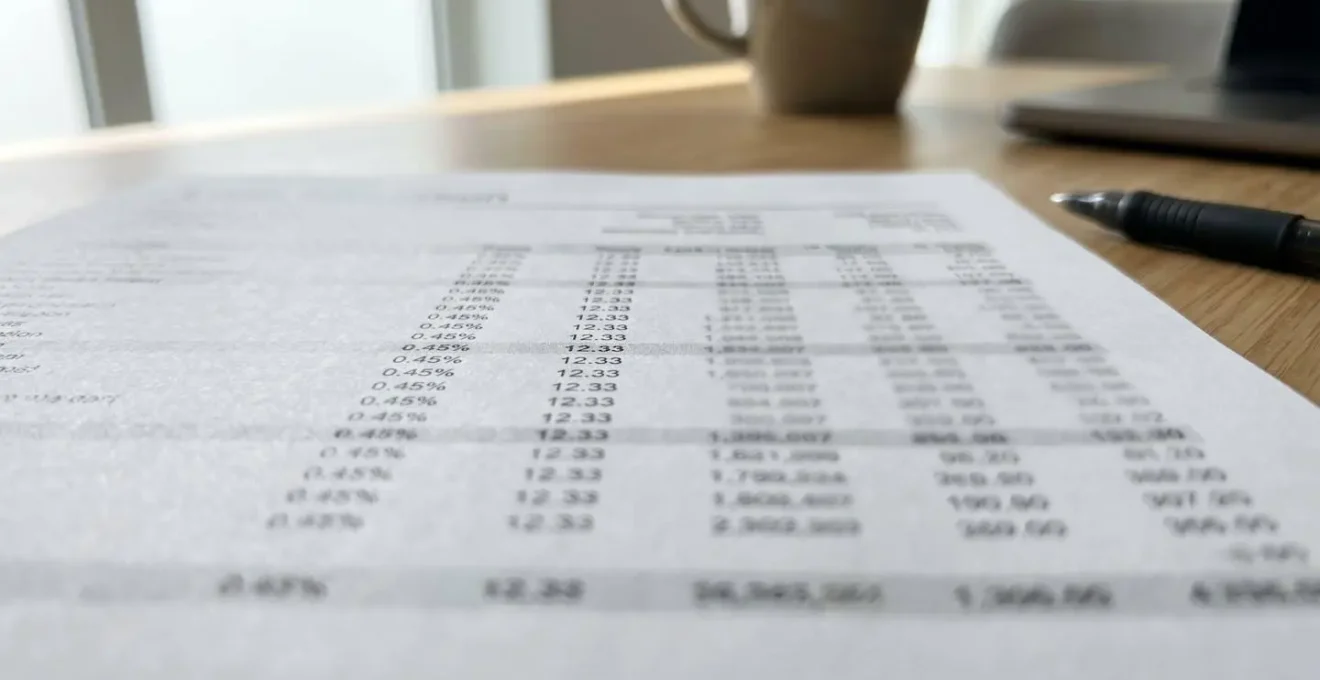 Gros plan macro sur un document imprimé de simulation de prêt avec colonnes de chiffres partiellement nets sur fond flouté, posé sur un bureau contemporain clair avec un stylo à proximité
