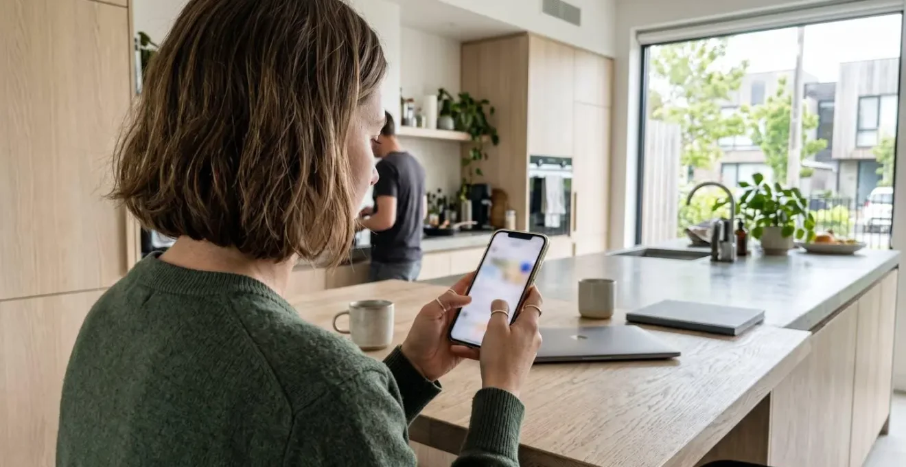 Personne vue de profil trois-quarts consultant un smartphone avec une interface d'application financière à l'écran flouté, dans un intérieur contemporain lumineux