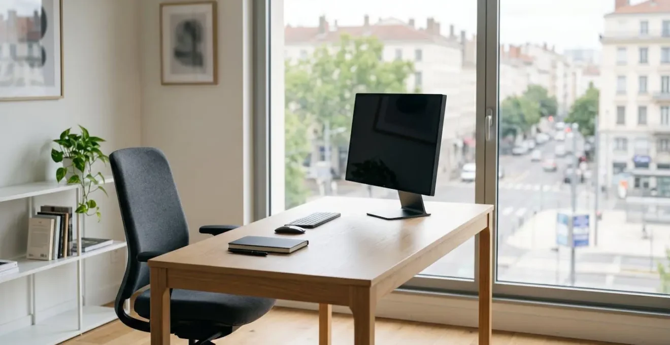 Bureau de travail moderne et lumineux avec écran d'ordinateur éteint, carnet et stylo sur le bureau, grande baie vitrée avec vue urbaine floue en arrière-plan