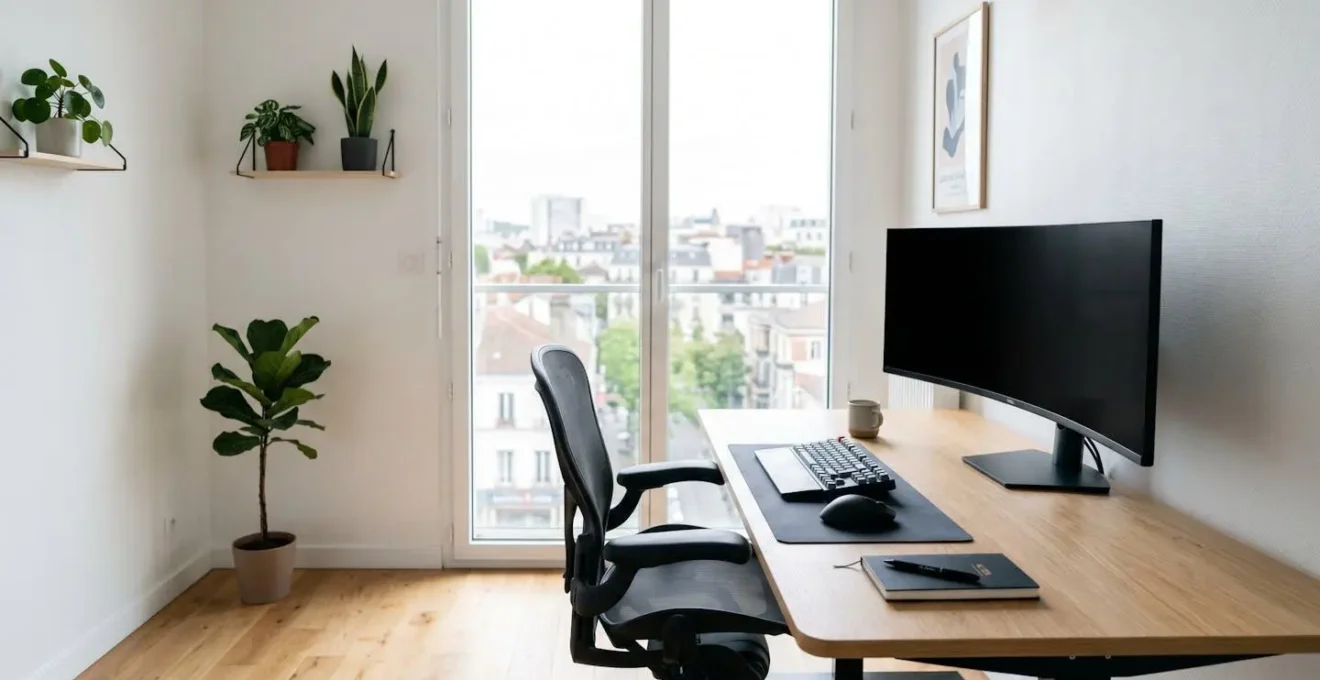 Bureau de travail moderne et lumineux avec écran d'ordinateur éteint, carnet et stylo sur le bureau, grande baie vitrée avec vue urbaine floue en arrière-plan