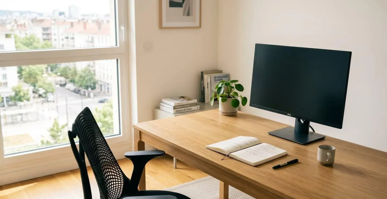 Bureau de travail moderne et lumineux avec écran d'ordinateur éteint, carnet et stylo sur le bureau, grande baie vitrée avec vue urbaine floue en arrière-plan
