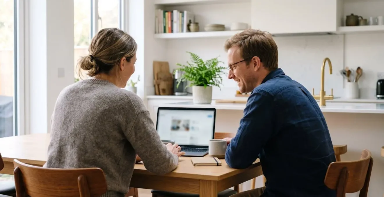 Un couple de trentenaires assis côte à côte devant un ordinateur portable ouvert sur une table de cuisine moderne, lumière naturelle de fenêtre