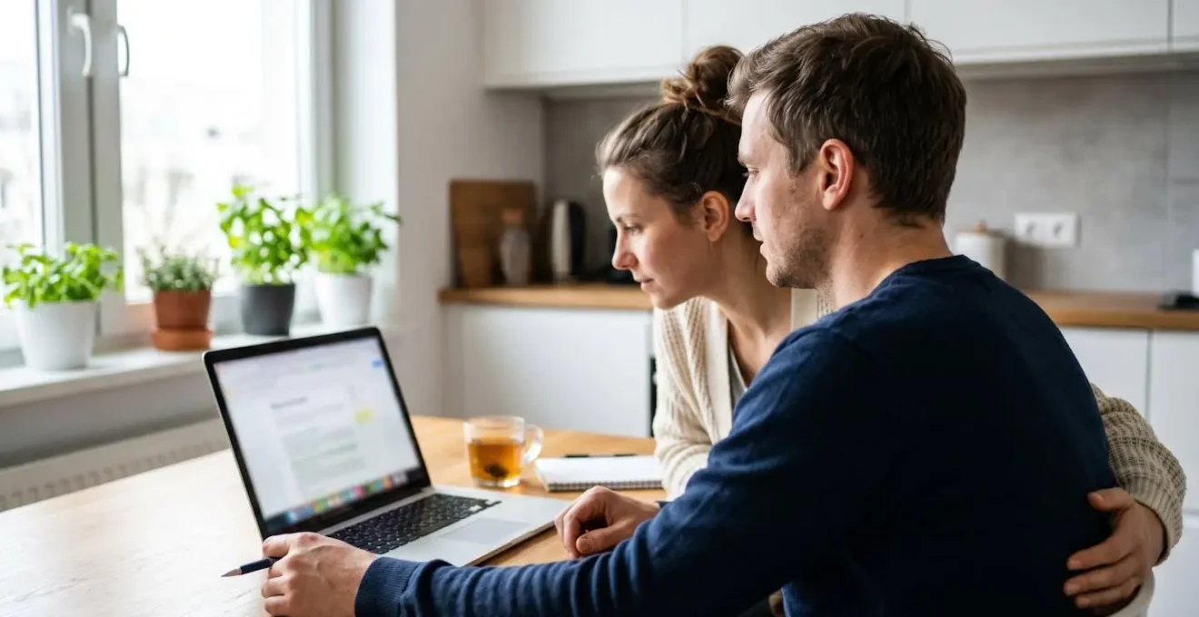Un couple de trentenaires assis côte à côte devant un ordinateur portable ouvert sur une table de cuisine moderne, lumière naturelle de fenêtre