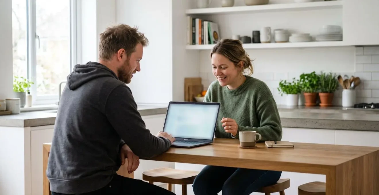 Un couple de trentenaires assis côte à côte devant un ordinateur portable ouvert sur une table de cuisine moderne, lumière naturelle de fenêtre