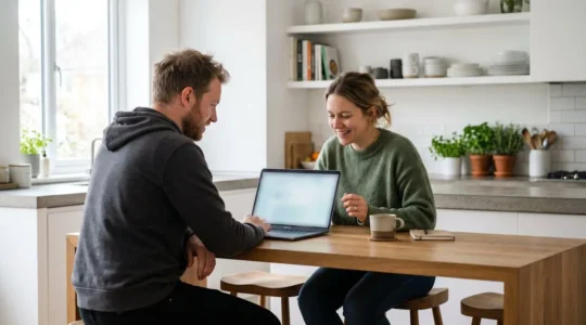 Un couple de trentenaires assis côte à côte devant un ordinateur portable ouvert sur une table de cuisine moderne, lumière naturelle de fenêtre