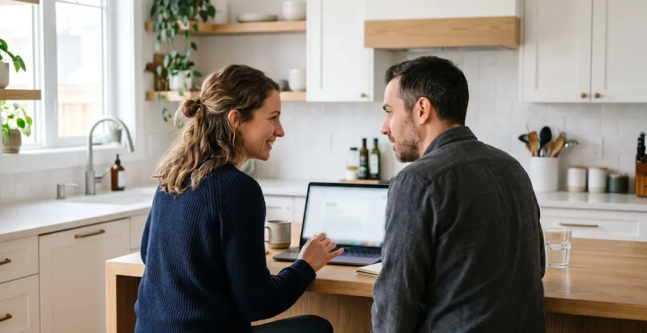 Un couple de trentenaires assis côte à côte devant un ordinateur portable ouvert sur une table de cuisine moderne, lumière naturelle de fenêtre