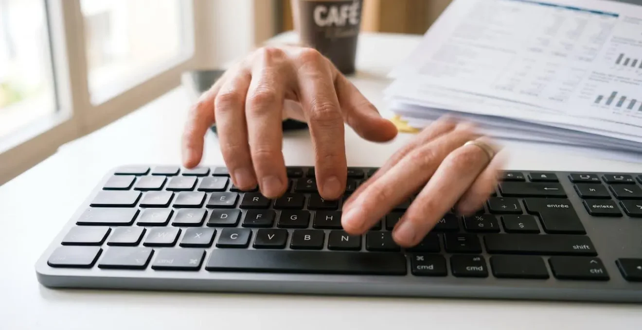 Gros plan sur des mains tapant sur le clavier d'un ordinateur portable moderne, avec un document financier flouté en arrière-plan