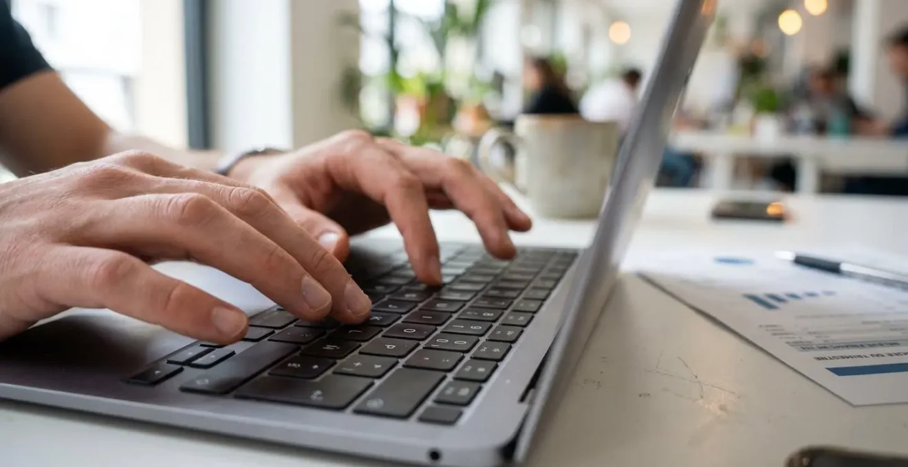 Gros plan sur des mains tapant sur le clavier d'un ordinateur portable moderne, avec un document financier flouté en arrière-plan