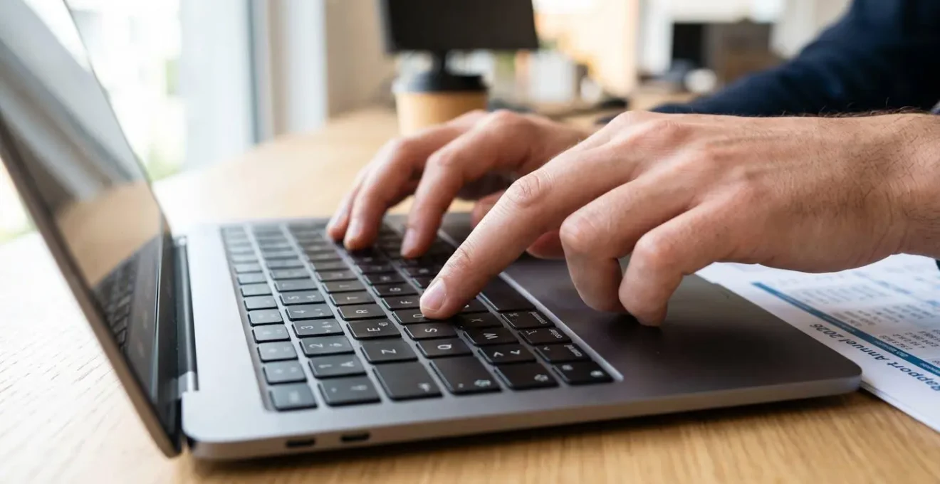 Gros plan sur des mains tapant sur le clavier d'un ordinateur portable moderne, avec un document financier flouté en arrière-plan