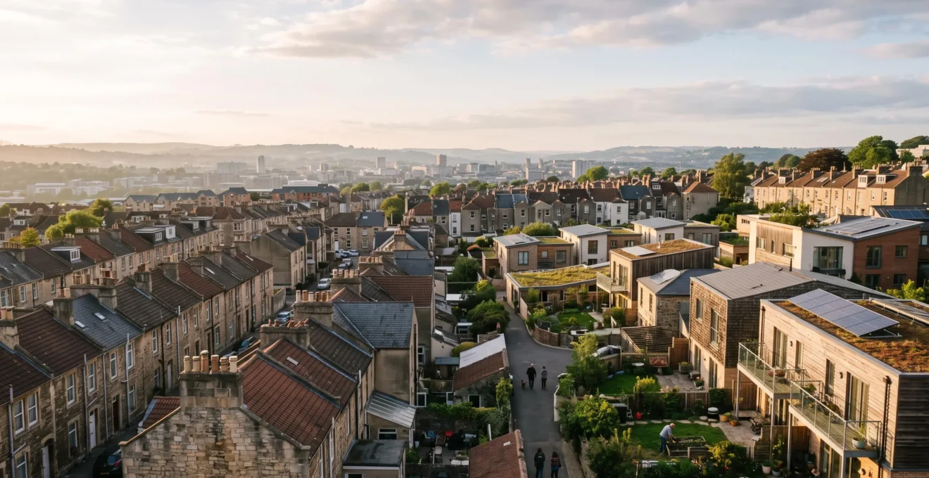 Vue d'ensemble editoriale d'un quartier residentiel contemporain illustrant les mutations du marche immobilier