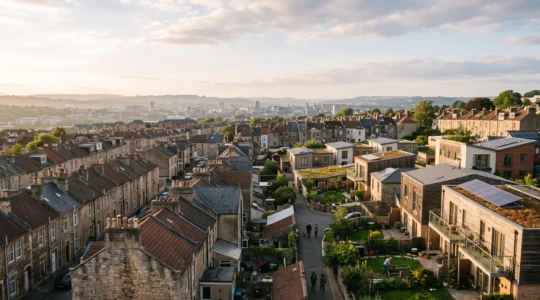 Vue d'ensemble editoriale d'un quartier residentiel contemporain illustrant les mutations du marche immobilier