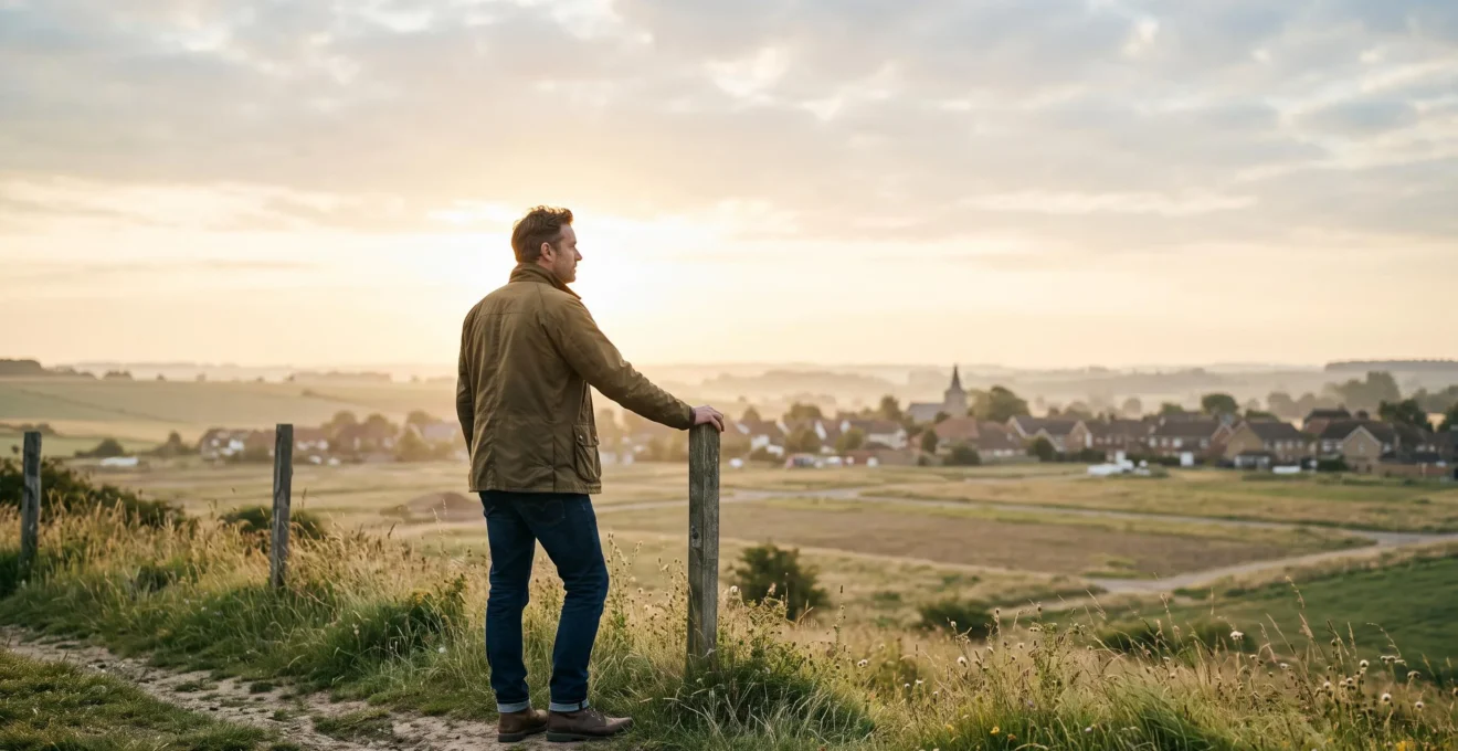 Une personne observe au petit matin un vaste terrain vallonné en périphérie d'un village français, symbolisant l'anticipation avant la hausse des prix fonciers