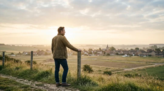 Une personne observe au petit matin un vaste terrain vallonné en périphérie d'un village français, symbolisant l'anticipation avant la hausse des prix fonciers