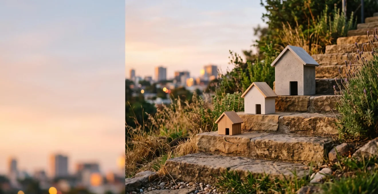 Trois maisons miniatures alignées sur un chemin ascendant symbolisant la construction progressive d'un portefeuille locatif sur dix ans