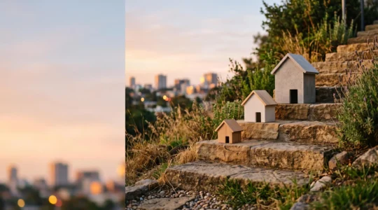 Trois maisons miniatures alignées sur un chemin ascendant symbolisant la construction progressive d'un portefeuille locatif sur dix ans