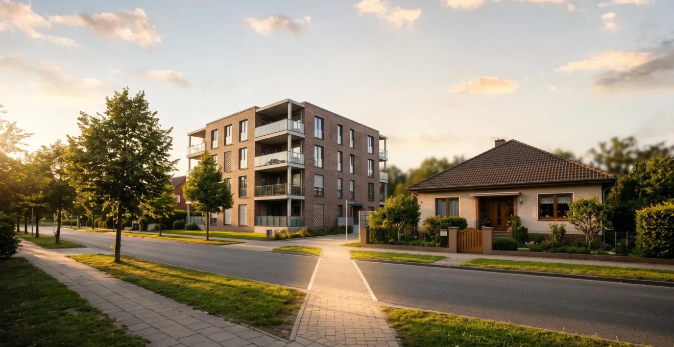 Silhouette de deux habitations distinctes, un immeuble d'appartements et une maison individuelle, symbolisant le choix entre deux projets de vie immobiliers