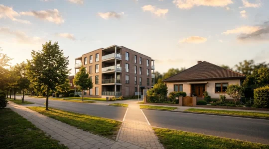 Silhouette de deux habitations distinctes, un immeuble d'appartements et une maison individuelle, symbolisant le choix entre deux projets de vie immobiliers