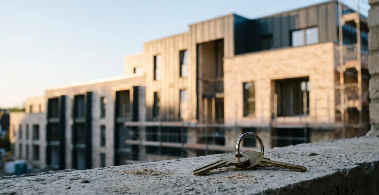 Trousseau de clés posé sur le rebord d'une fenêtre face à un immeuble neuf en construction, symbole d'un achat immobilier neuf serein