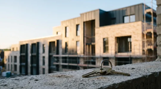 Trousseau de clés posé sur le rebord d'une fenêtre face à un immeuble neuf en construction, symbole d'un achat immobilier neuf serein