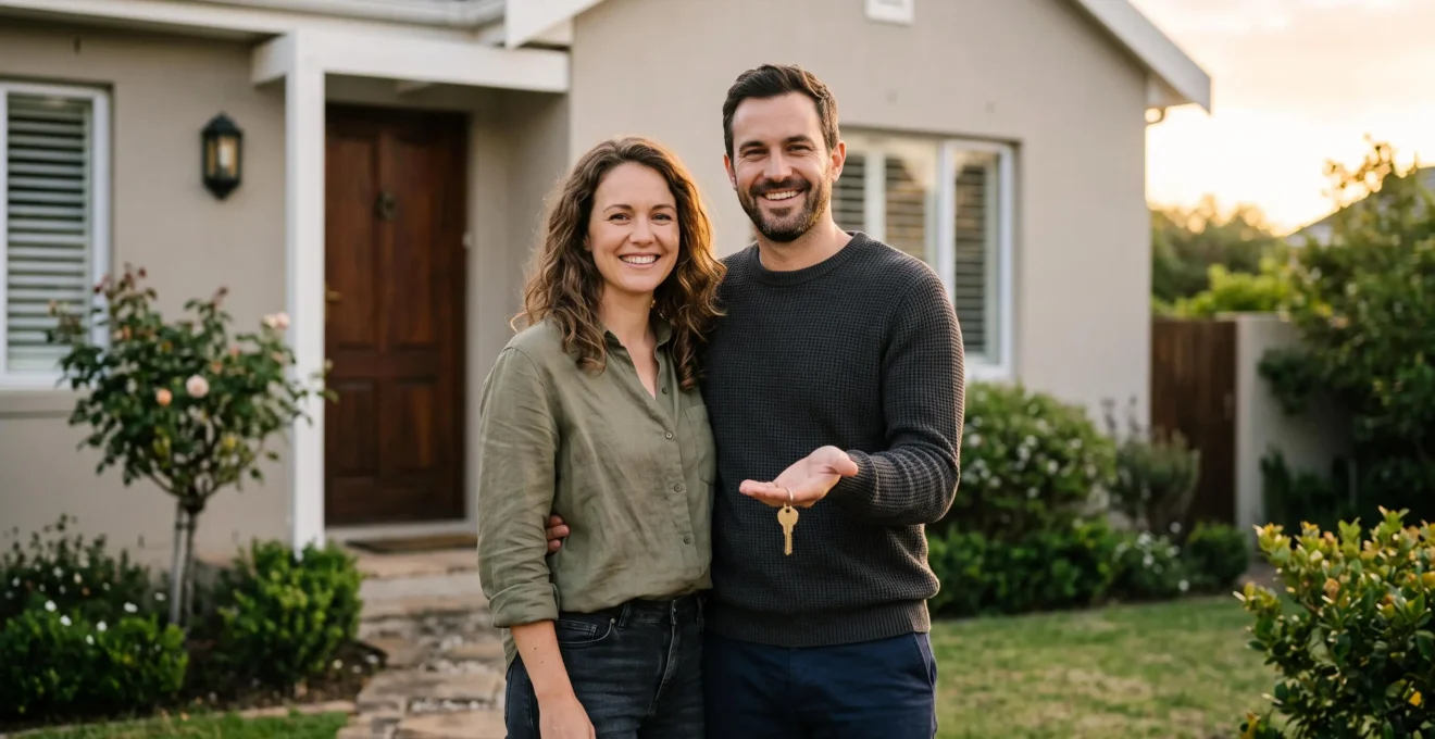 Un couple tenant les clés de leur nouvelle résidence principale devant une maison au coucher du soleil, symbole d'un achat immobilier réussi et sans stress