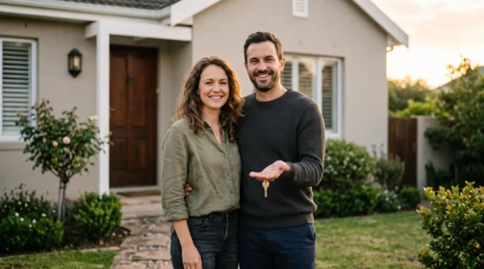 Un couple tenant les clés de leur nouvelle résidence principale devant une maison au coucher du soleil, symbole d'un achat immobilier réussi et sans stress