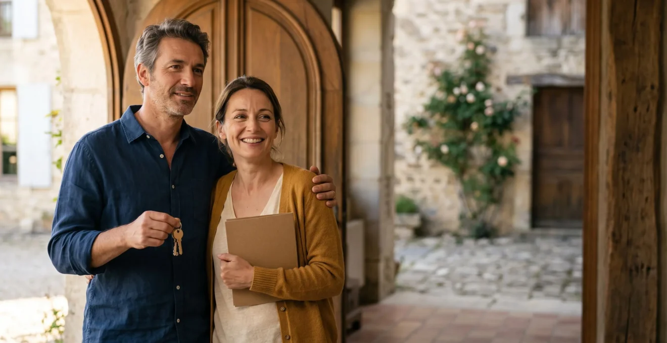 Couple souriant et soulagé devant sa maison, symbolisant les économies réalisées grâce à la délégation d'assurance de prêt immobilier