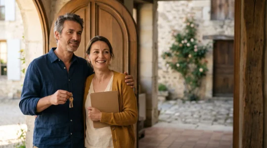 Couple souriant et soulagé devant sa maison, symbolisant les économies réalisées grâce à la délégation d'assurance de prêt immobilier