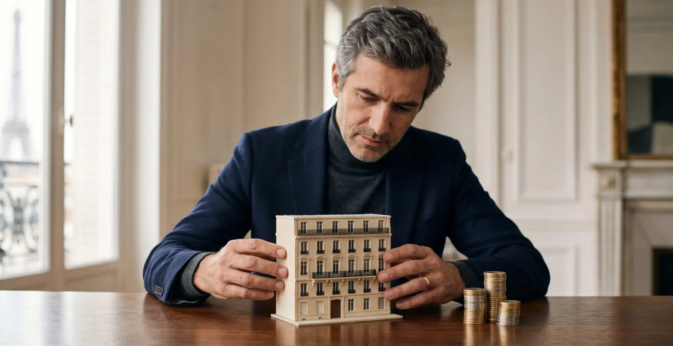 Investisseur français étudiant une maquette architecturale symbolisant le cumul de plusieurs dispositifs de réduction d'impôt immobilier