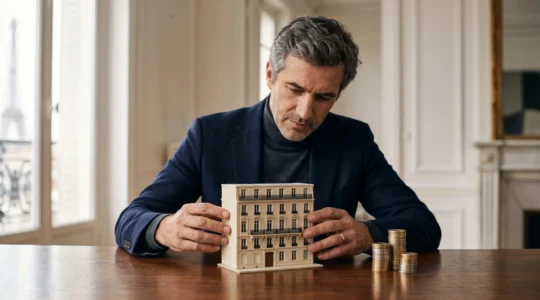 Investisseur français étudiant une maquette architecturale symbolisant le cumul de plusieurs dispositifs de réduction d'impôt immobilier