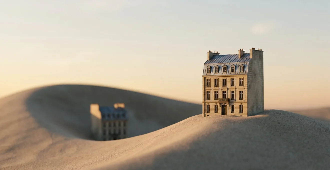 Illustration conceptuelle d'une maison miniature en équilibre sur une vague symbolisant les cycles du marché immobilier