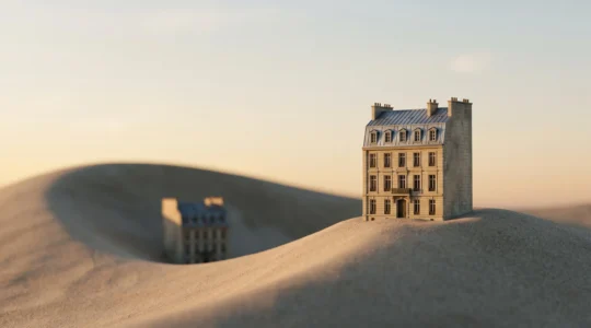 Illustration conceptuelle d'une maison miniature en équilibre sur une vague symbolisant les cycles du marché immobilier