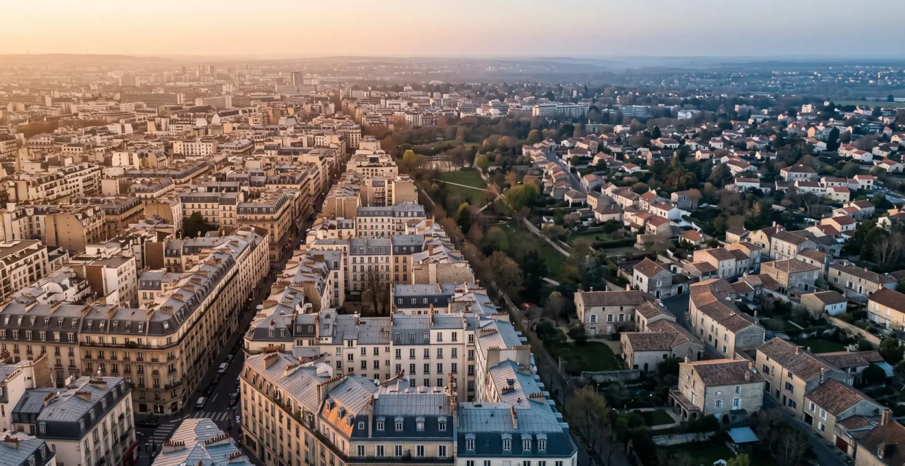 Vue aérienne symbolique illustrant les écarts de prix immobiliers entre une grande métropole française et une ville de province