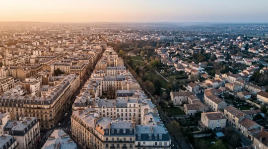 Vue aérienne symbolique illustrant les écarts de prix immobiliers entre une grande métropole française et une ville de province