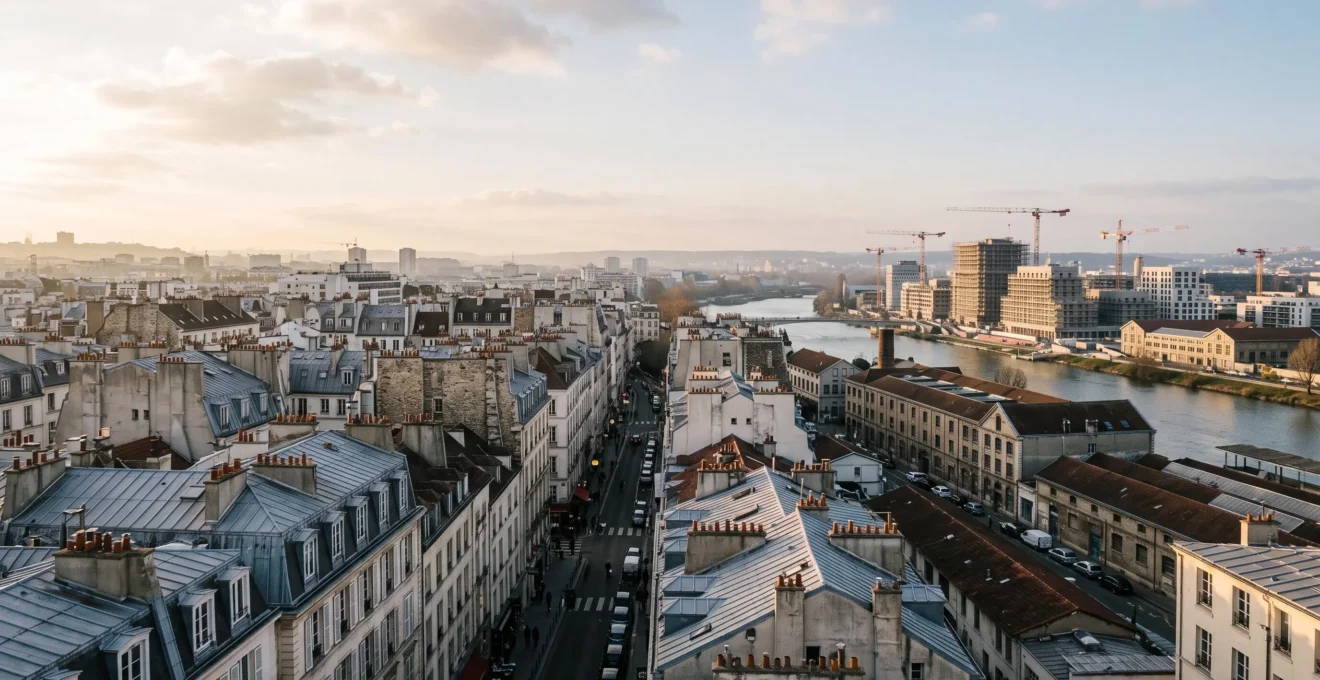 Vue panoramique d'un quartier urbain en pleine transformation symbolisant le potentiel de valorisation immobiliere
