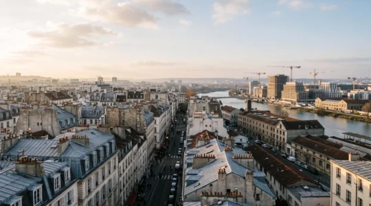 Vue panoramique d'un quartier urbain en pleine transformation symbolisant le potentiel de valorisation immobiliere
