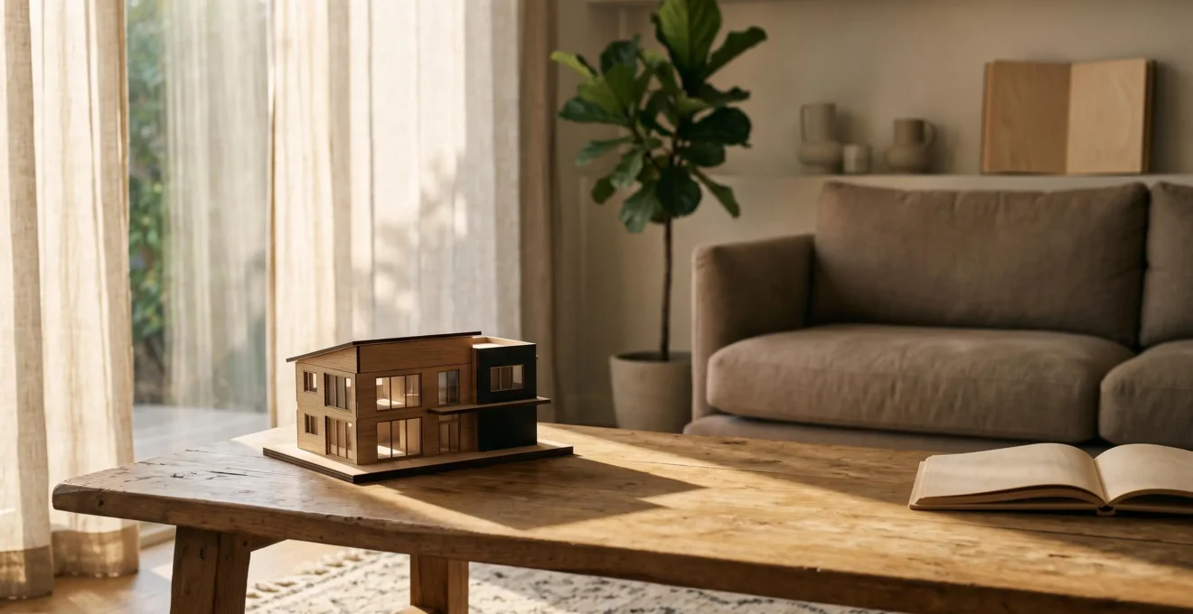 Maquette miniature de maison posée sur une table en bois dans un salon lumineux, symbolisant l'estimation immobilière avant une vente rapide