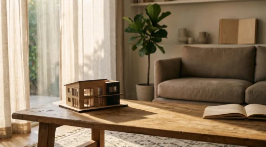 Maquette miniature de maison posée sur une table en bois dans un salon lumineux, symbolisant l'estimation immobilière avant une vente rapide