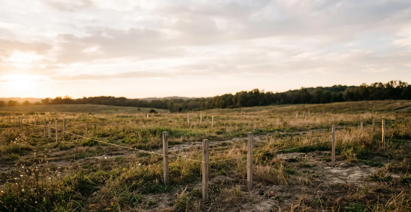 Vue large d'un terrain nu au coucher du soleil avec des piquets d'arpentage marquant les limites d'une future construction