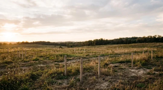 Vue large d'un terrain nu au coucher du soleil avec des piquets d'arpentage marquant les limites d'une future construction