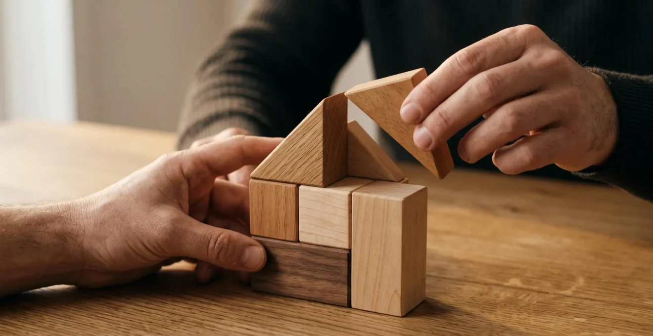 Illustration symbolique de plusieurs prêts complémentaires s'assemblant pour compléter le financement d'un projet immobilier
