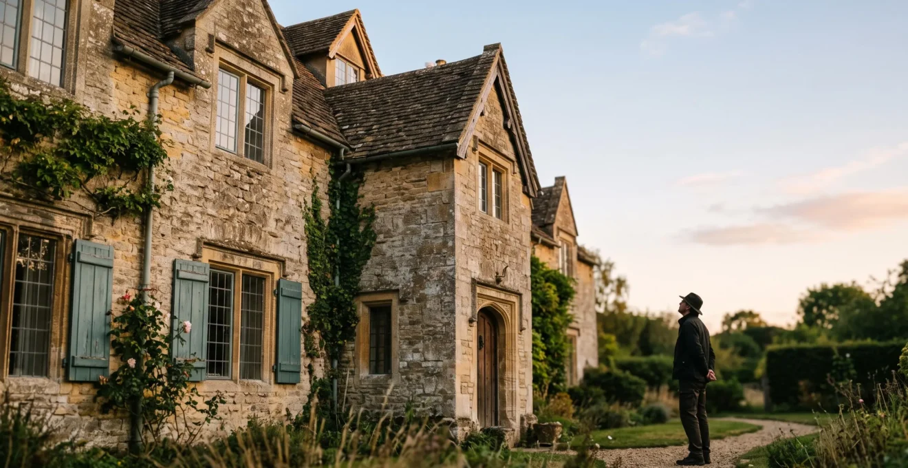 Facade d'une maison ancienne en pierre inspectee a la lumiere du matin par un futur acheteur