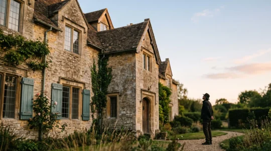 Facade d'une maison ancienne en pierre inspectee a la lumiere du matin par un futur acheteur