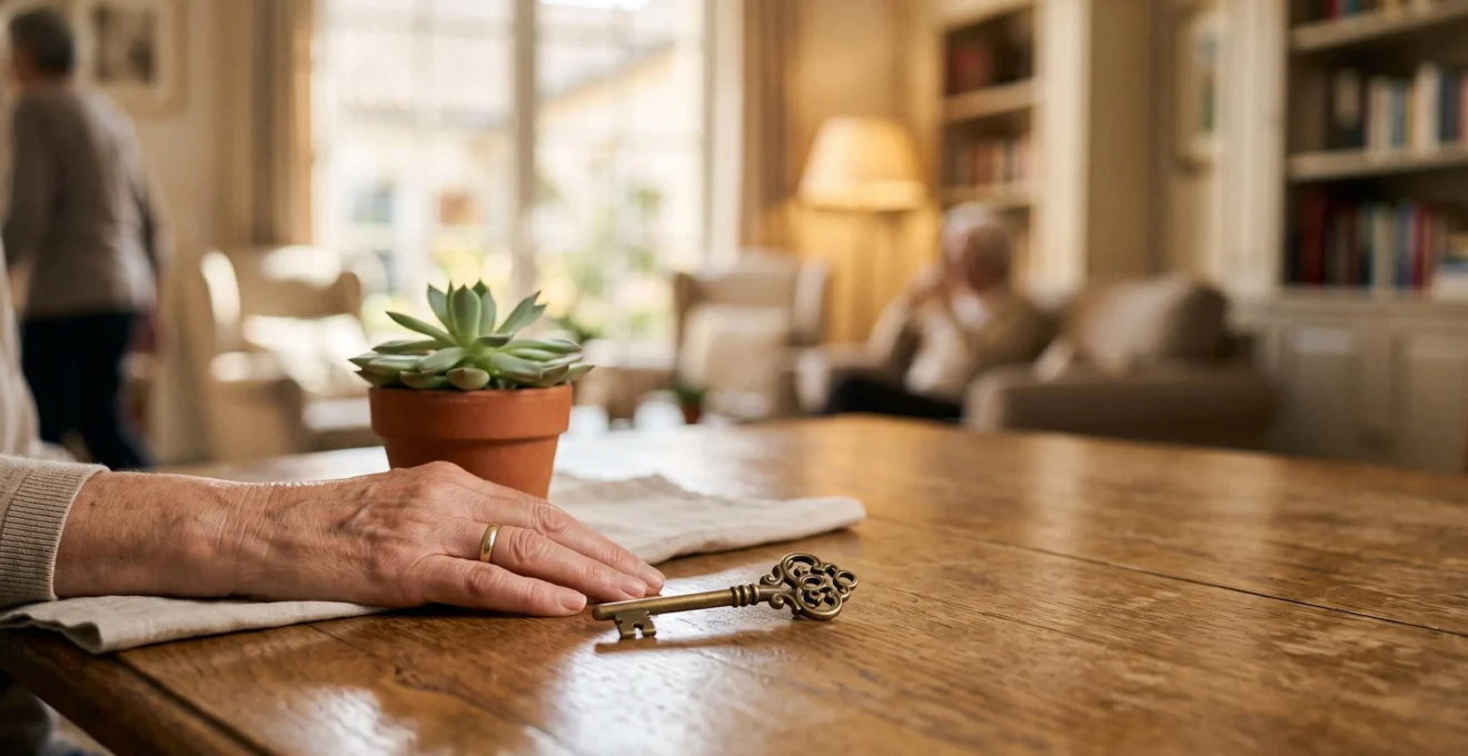 Main tenant délicatement une clé dorée au-dessus d'une table en bois avec une plante verte, symbolisant un investissement immobilier serein et sécurisé