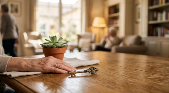 Main tenant délicatement une clé dorée au-dessus d'une table en bois avec une plante verte, symbolisant un investissement immobilier serein et sécurisé