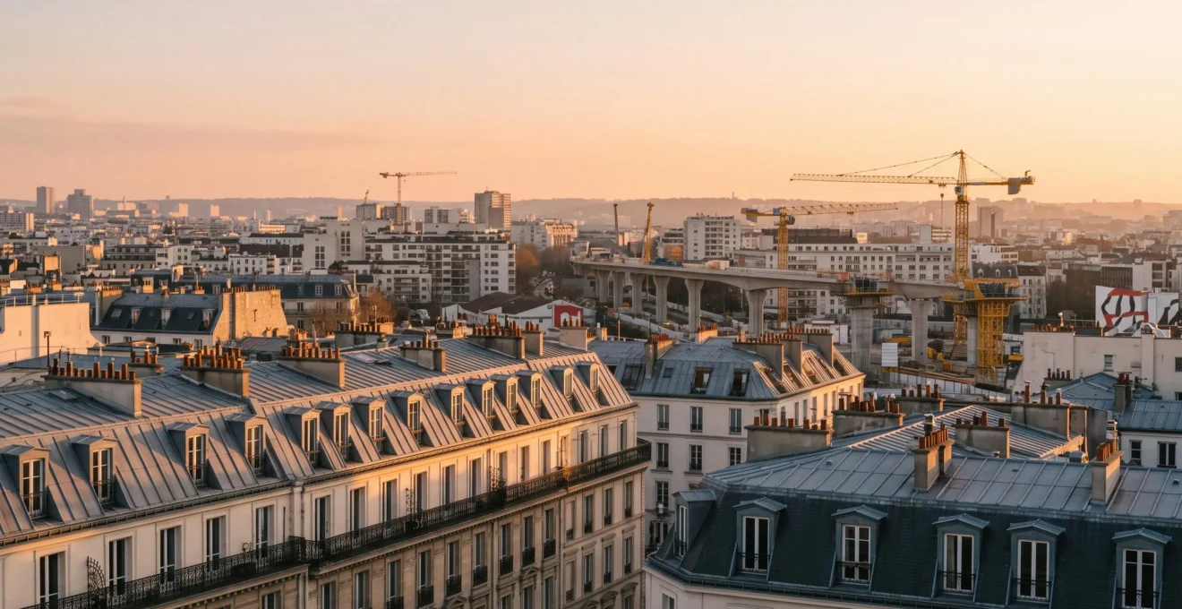 Vue panoramique d'un quartier résidentiel francilien mêlant architecture haussmannienne et immeubles modernes en construction, symbolisant l'investissement locatif en Île-de-France