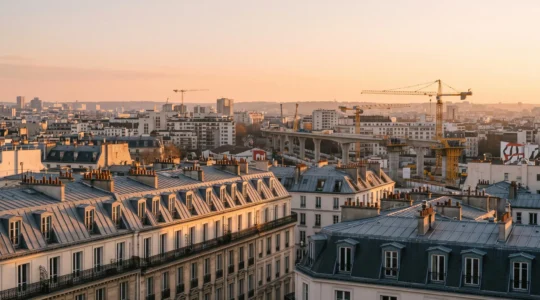 Vue panoramique d'un quartier résidentiel francilien mêlant architecture haussmannienne et immeubles modernes en construction, symbolisant l'investissement locatif en Île-de-France
