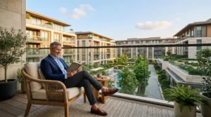 Investisseur serein profitant d'un revenu locatif passif face à une résidence services moderne, sans gestion directe de locataires