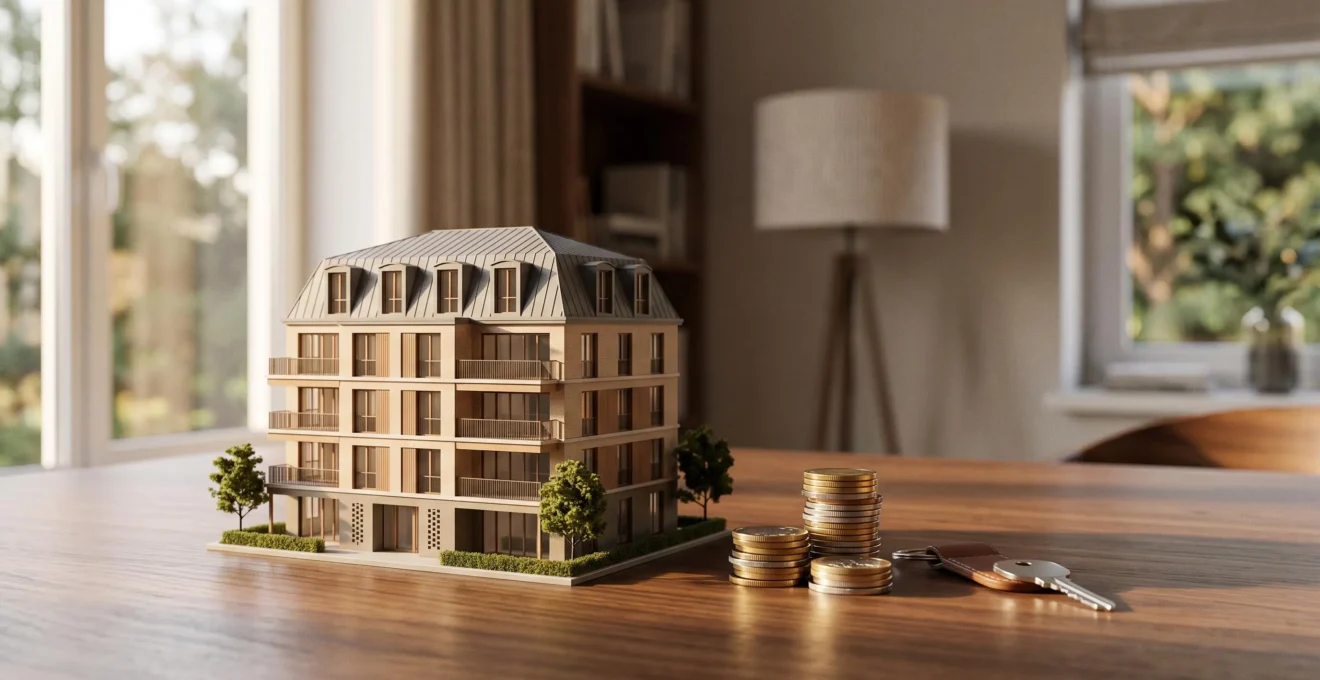 Maquette architecturale de résidence avec services posée à côté de pièces de monnaie symbolisant la réduction d'impôt immobilière